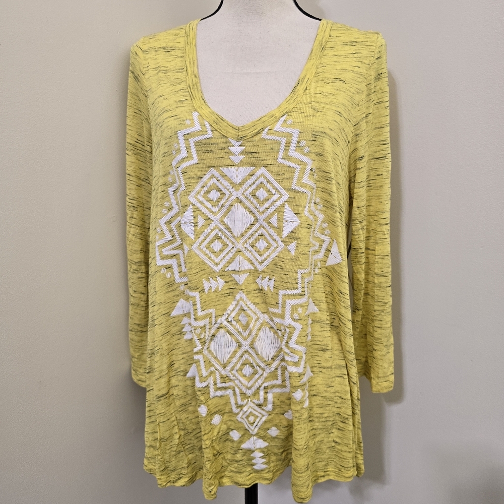 nwt NEW DIRECTIONS size Large Geo Aztec Lace Space Dye Long Sleeve Top‎ Yellow